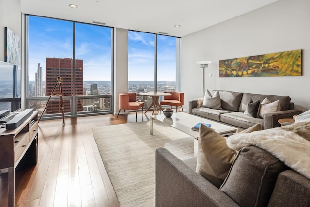 living room with a wall of windows, a city view, healthy amount of natural light, and wood finished floors
