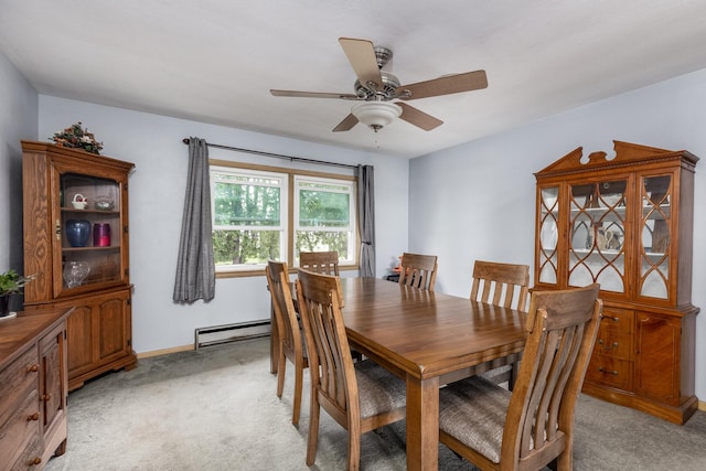 2651 E 2900 N Rd, Ancona, IL 61311 - dining space featuring light carpet, baseboard heating, a ceiling fan, and baseboards
