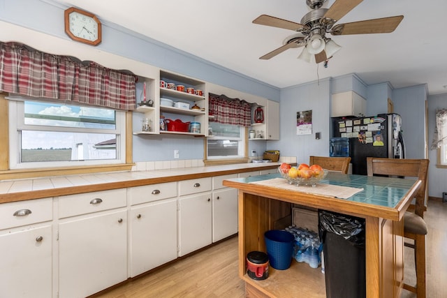 2651 E 2900 N Rd, Ancona, IL 61311 - kitchen featuring open shelves, white cabinetry, light wood-style flooring, and tile countertops