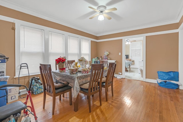dining space with ceiling fan, light wood-style floors, crown molding, and baseboards