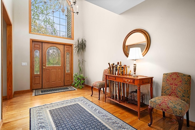foyer entrance featuring wood finished floors, baseboards, and a high ceiling