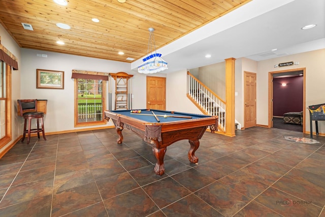 playroom featuring wood ceiling, baseboards, recessed lighting, and pool table