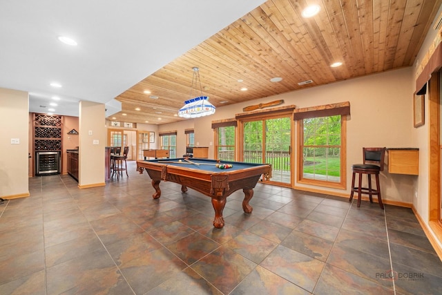 recreation room with recessed lighting, beverage cooler, a dry bar, wooden ceiling, and billiards table