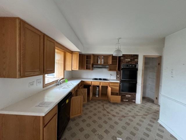 8135 W Rascher Ave, Chicago, IL 60656 - kitchen featuring black appliances, a sink, open shelves, light countertops, and extractor fan