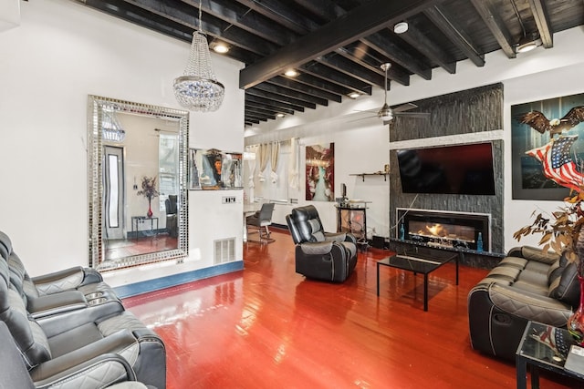 5127 S Artesian Ave, Chicago, IL 60632 - living room with wood finished floors, beam ceiling, a fireplace, and ceiling fan