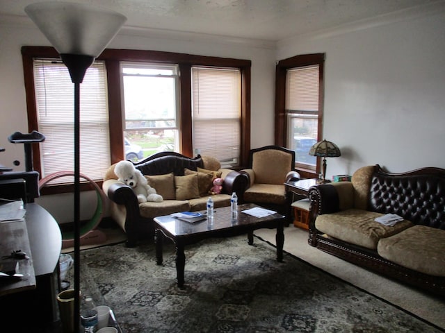 1525 Gunderson Ave, Berwyn, IL 60402 - living room featuring plenty of natural light, crown molding, and carpet