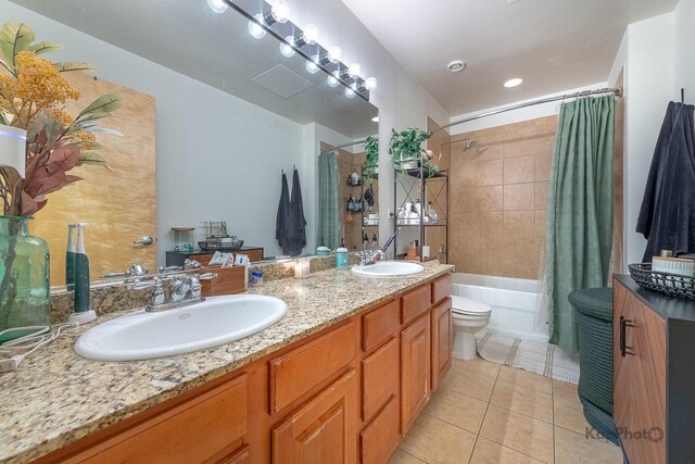 bathroom with tile patterned flooring, double vanity, shower / bathtub combination with curtain, and toilet