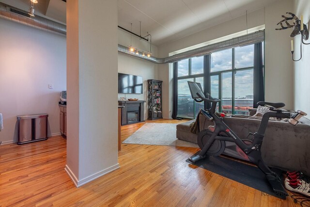 exercise area featuring a fireplace and wood finished floors