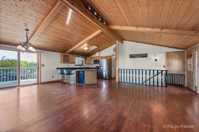 1109 Adams Ave, Wauconda, IL 60084 - unfurnished living room with dark wood-style floors, a chandelier, wood ceiling, and baseboards