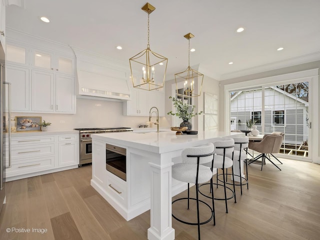 228 S Adams St, Hinsdale, IL 60521 - kitchen with light wood finished floors, high end range, white cabinets, a sink, and ornamental molding
