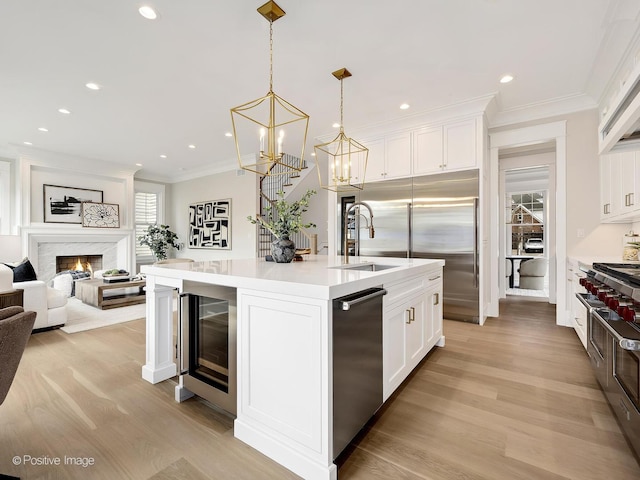 228 S Adams St, Hinsdale, IL 60521 - kitchen featuring beverage cooler, ornamental molding, high end appliances, light wood-type flooring, and a sink