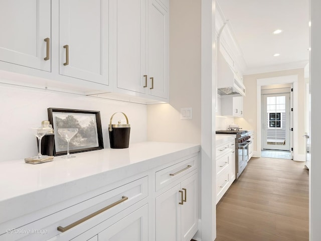 228 S Adams St, Hinsdale, IL 60521 - bar with high end stainless steel range oven, ornamental molding, light wood finished floors, and recessed lighting