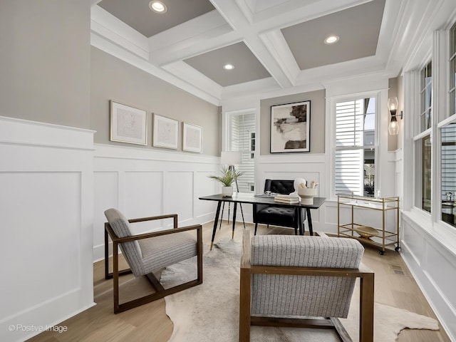 228 S Adams St, Hinsdale, IL 60521 - home office featuring a decorative wall, coffered ceiling, beam ceiling, and light wood finished floors