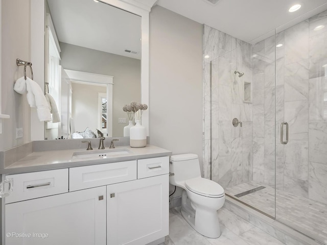 228 S Adams St, Hinsdale, IL 60521 - full bathroom featuring marble finish flooring, a stall shower, toilet, vanity, and recessed lighting
