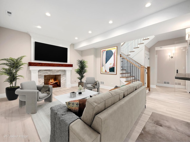 228 S Adams St, Hinsdale, IL 60521 - living area with stairs, light wood-type flooring, baseboards, recessed lighting, and a premium fireplace