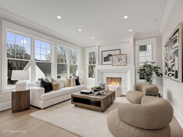 228 S Adams St, Hinsdale, IL 60521 - living room with ornamental molding, a high end fireplace, wood finished floors, recessed lighting, and baseboards