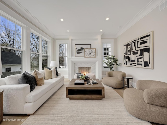 228 S Adams St, Hinsdale, IL 60521 - living room featuring ornamental molding, recessed lighting, a fireplace, and wood finished floors