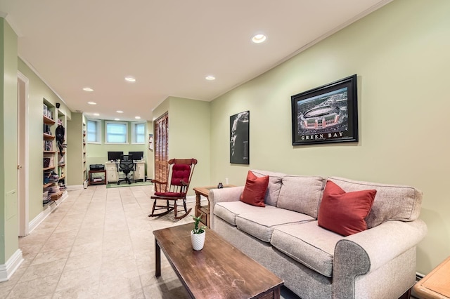 2153 N Sedgwick St, Chicago, IL 60614 - living room with recessed lighting, baseboards, a desk, and crown molding