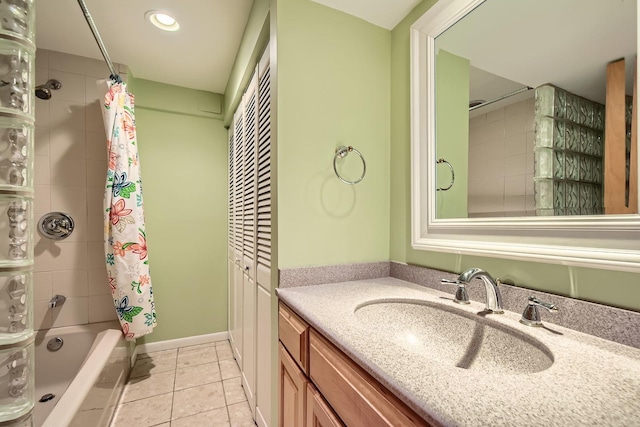 2153 N Sedgwick St, Chicago, IL 60614 - bathroom with shower / bathtub combination with curtain, vanity, tile patterned floors, and recessed lighting