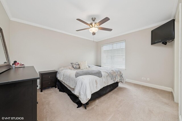 326 Southwicke Dr, Streamwood, IL 60107 - bedroom with light colored carpet, crown molding, baseboards, and a ceiling fan