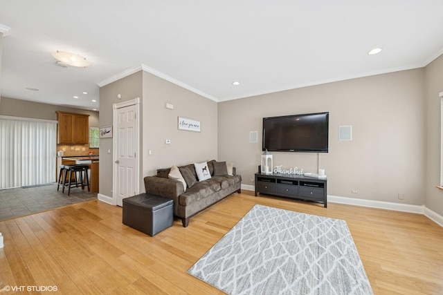 326 Southwicke Dr, Streamwood, IL 60107 - living room with light wood-style floors, crown molding, baseboards, and recessed lighting