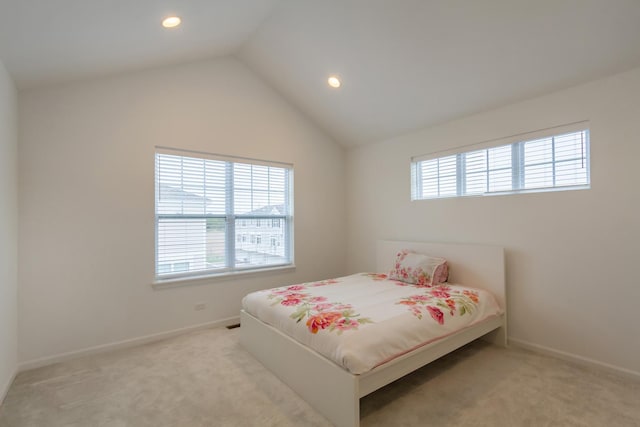 bedroom with baseboards, carpet floors, vaulted ceiling, and recessed lighting