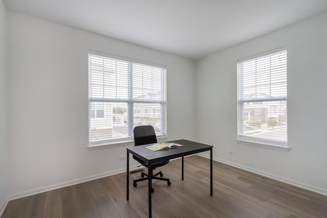 home office with wood finished floors, healthy amount of natural light, and baseboards