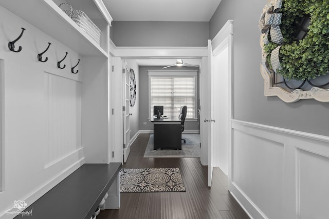 16436 S Mueller Cir, Plainfield, IL 60586 - mudroom featuring wainscoting, dark wood-style floors, and ceiling fan