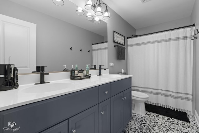 16436 S Mueller Cir, Plainfield, IL 60586 - full bathroom featuring toilet, double vanity, tile patterned floors, and a shower with curtain