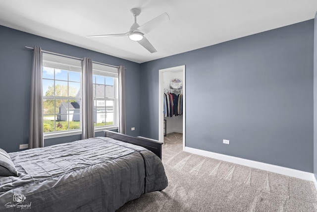 16436 S Mueller Cir, Plainfield, IL 60586 - bedroom featuring carpet flooring, baseboards, a walk in closet, a ceiling fan, and a closet