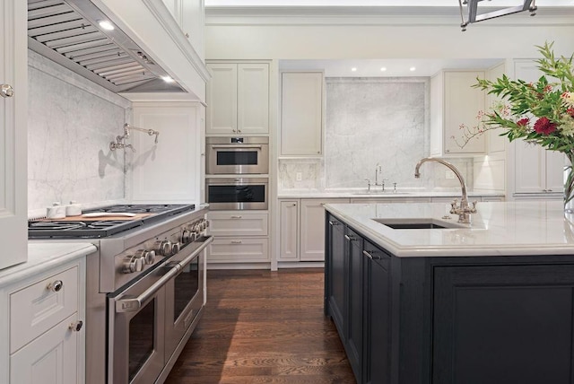 1534 N Dearborn Pkwy, Chicago, IL 60610 - kitchen featuring stainless steel appliances, custom exhaust hood, a sink, decorative backsplash, and ornamental molding