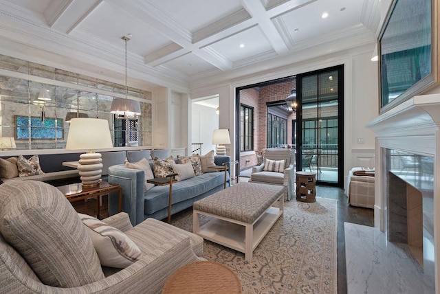 1534 N Dearborn Pkwy, Chicago, IL 60610 - living area featuring coffered ceiling, wood finished floors, ornamental molding, beamed ceiling, and a premium fireplace