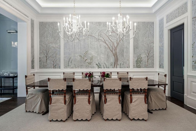 1534 N Dearborn Pkwy, Chicago, IL 60610 - dining room featuring a chandelier, wood finished floors, a decorative wall, crown molding, and a tray ceiling