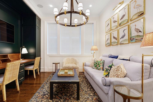 1534 N Dearborn Pkwy, Chicago, IL 60610 - living room with a chandelier, crown molding, and dark wood-style floors