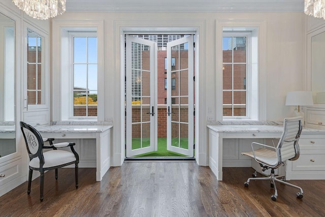 1534 N Dearborn Pkwy, Chicago, IL 60610 - office with built in desk, ornamental molding, dark wood-type flooring, and a chandelier