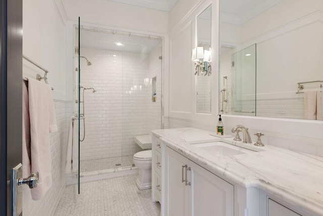 1534 N Dearborn Pkwy, Chicago, IL 60610 - full bath featuring vanity, a stall shower, toilet, tile patterned flooring, and crown molding