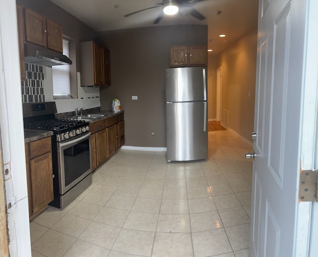 7941 S Woodlawn Ave, Chicago, IL 60619 - kitchen featuring appliances with stainless steel finishes, under cabinet range hood, dark countertops, ceiling fan, and a sink