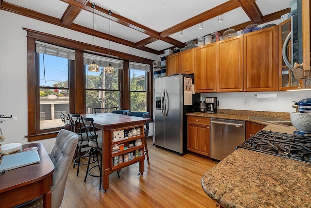 2540 N Sacramento Ave Unit 1, Chicago, IL 60647 - kitchen featuring appliances with stainless steel finishes, coffered ceiling, light wood-style flooring, brown cabinetry, and beam ceiling