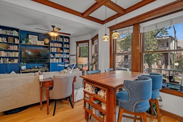 2540 N Sacramento Ave Unit 1, Chicago, IL 60647 - dining room with wood finished floors, a ceiling fan, beam ceiling, coffered ceiling, and built in features