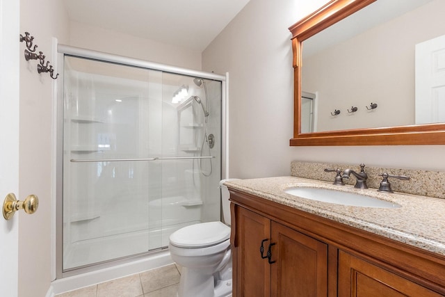 bathroom with a stall shower, tile patterned flooring, toilet, and vanity