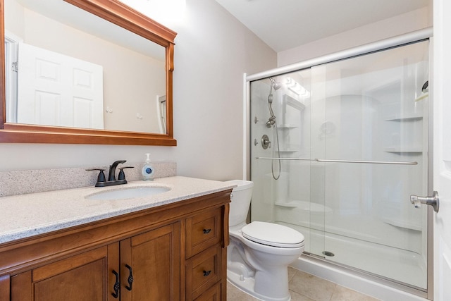 bathroom featuring tile patterned floors, toilet, a shower stall, and vanity