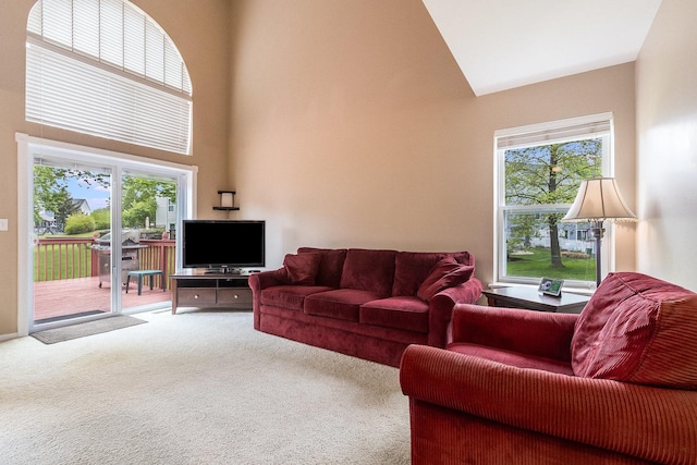 living area with carpet flooring and a high ceiling