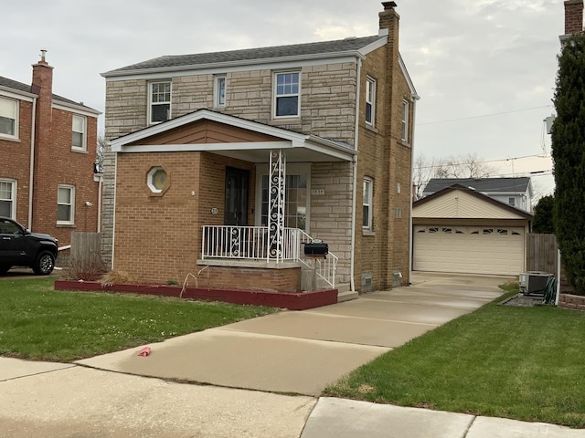 7835 W Berwyn Ave, Chicago, IL 60656 - view of front of house featuring cooling unit, covered porch, a chimney, an outbuilding, and a garage