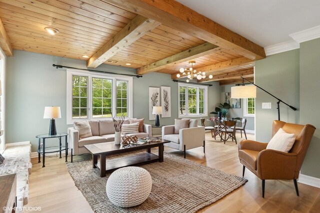 1414 N Ave, Bannockburn, IL 60015 - living room featuring a chandelier, light wood-style flooring, baseboards, beam ceiling, and wood ceiling