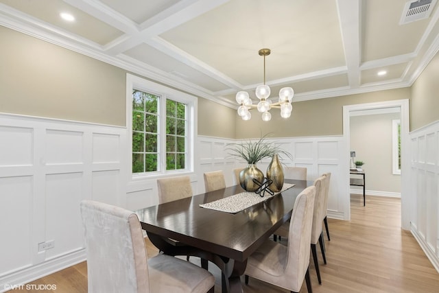 1414 N Ave, Bannockburn, IL 60015 - dining room with coffered ceiling, a decorative wall, beamed ceiling, a chandelier, and light wood-style floors