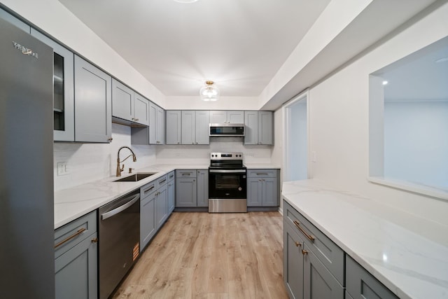 kitchen with appliances with stainless steel finishes, a sink, gray cabinets, and decorative backsplash