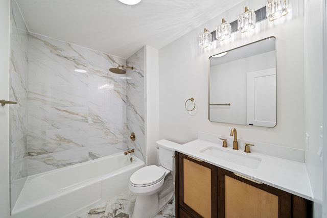 bathroom featuring vanity, toilet, marble look tiles, and bathing tub / shower combination