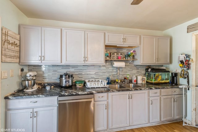 4 E Streamwood Blvd, Streamwood, IL 60107 - kitchen featuring dishwasher, dark stone countertops, and backsplash