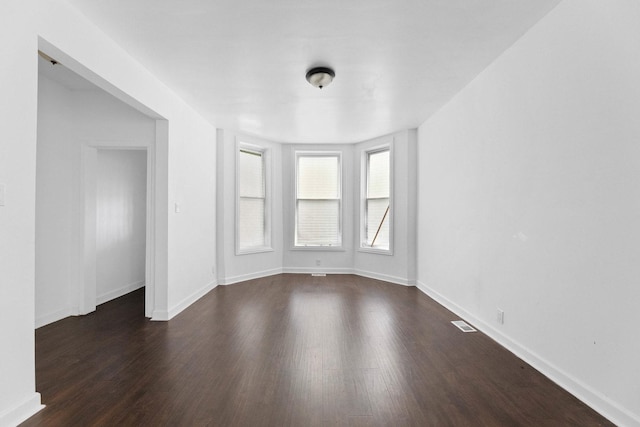 spare room featuring dark wood-style floors and baseboards
