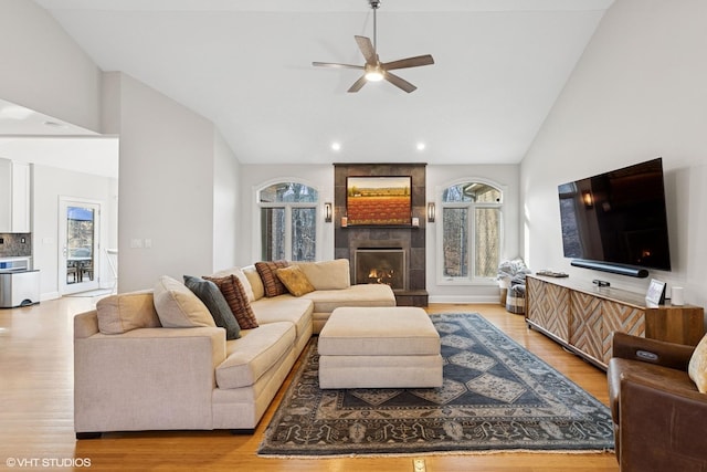 20662 Francisca Way, Frankfort, IL 60423 - living room with ceiling fan, healthy amount of natural light, light wood-type flooring, high vaulted ceiling, and recessed lighting